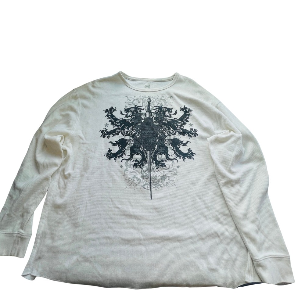 JF Men Vintage Y2K Grunge Graphic Waffle Knit Thermal Shirt 2XL White Streetwear